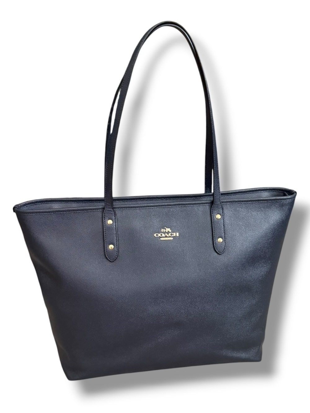 COACH Large City Tote Bag Coated Crossgrain Leather Tote, Navy, EUC - Picture 2 of 15